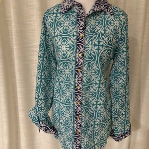 Liza Byrd Womens S Turquoise Navy Blue Print Long Sleeve boho tunic top NWT